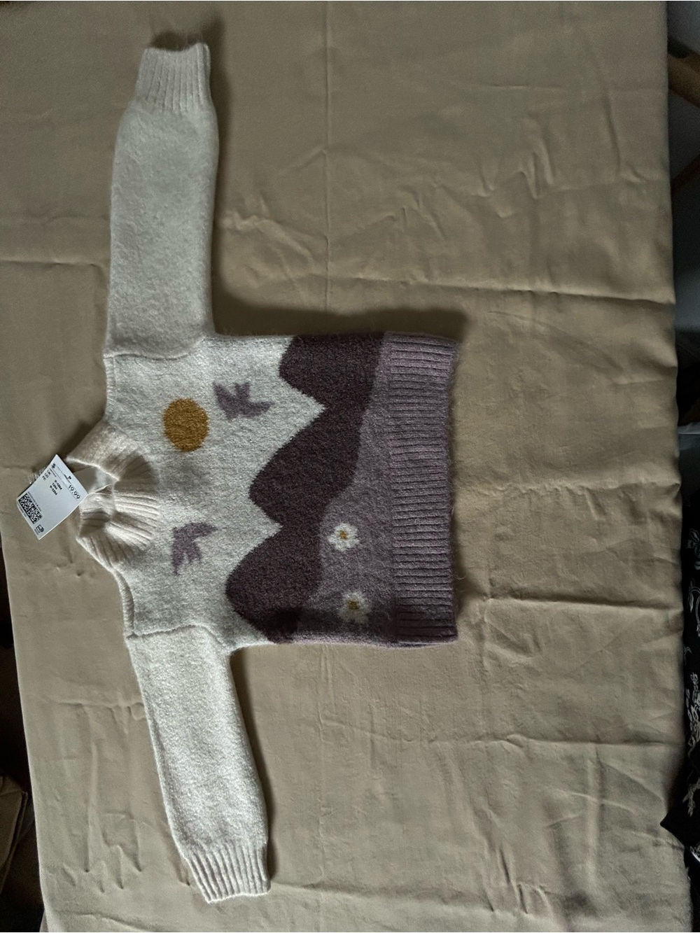 H/M Light Cream Baby Sweater with Brown Mountain, Gold Sun & Floral Accents